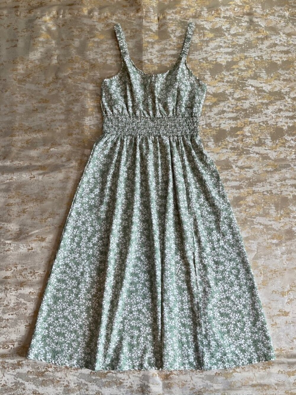 Shein Green White Floral Sundress Womens size 6 Cottagecore Peasant Empire Waist